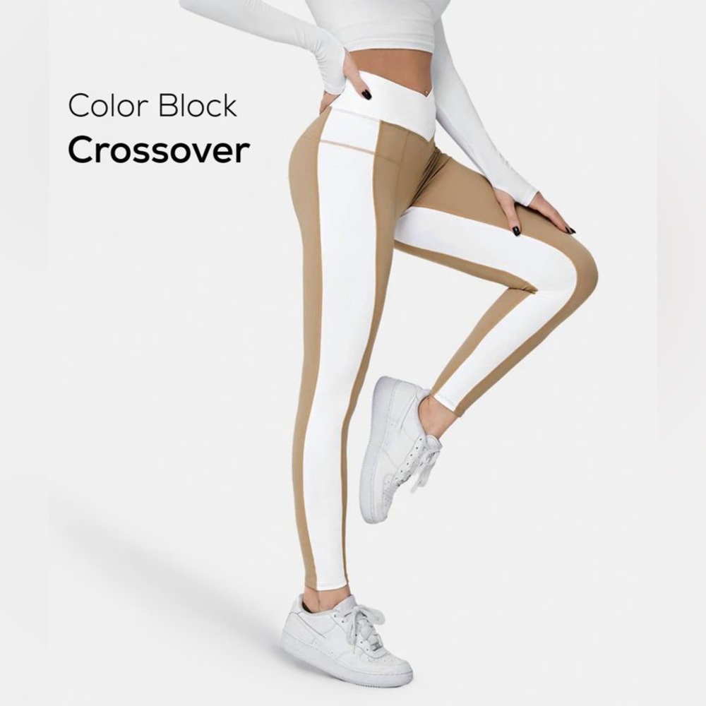 Cloudful Fabric Mid Rise Crossover Color Block Back Waistband Pocket Leggings